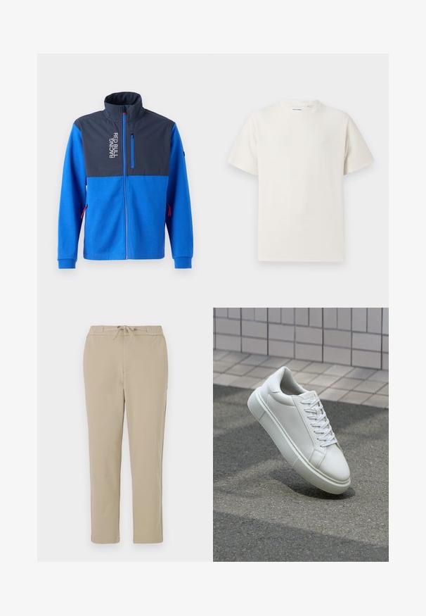 Mėlyna striukė su tamsiai mėlynu viršutiniu skyriumi, su užtrauktuku ir „RACING RED BULL“ tekstu. Yra raudoni akcentai ant užtrauktukų ir rankovių.; Balta trumpa rankovė T-polo marškinėlių su juostelėmis tekstūra. Apvalus iškirpimas, laisvas fasonas, jokių matomų raštų ar akcentų. Paprastas ir universalus dizainas.; Šviesiai rudos spalvos poilsio kelnės su elastinga juosmele ir raišteliu, turinčios tiesaus kirpimo dizainą ir švelnią, lygų tekstūrą.; Balti odiniai sportbačiai su lygiu paviršiumi, apvalia nosimi ir plokščiomis baltomis raištelėmis. Yra tekstūruotas gumos padas ir minimalizmas dizaino elementuose.