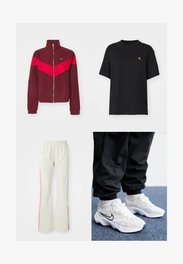 Bordeaux zip-up jakke med høy krage, med en bred rød stripe over brystet og skuldrene, elastiske mansjetter og en liten logo.; Svart bomulls t-skjorte med løs passform. Har rund hals og korte ermer. Inkluderer en liten gullbrodert logo på brystet.; Lys beige bukser med elastisk linning, med rosa sidepaneler og sidelommer. Glatt tekstur med rett ben-design.; Hvite og lysegrå treningssko med teksturert overdel, tykk såle og svart swoosh-logo. Brukt sammen med svarte joggebukser og hvite sokker.