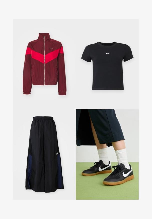 Burgundi värvi tõmblukuga jakk kõrge kraega, millel on lai punane triip rinna ja õlgade ulatuses, elastsed mansetid ja väike logo.; Must have lühikeste varrukatega must t-särk, mis on valmistatud puuvillast ja millel on ümar kaelus. Ees on valge Nike logo, minimaalne disain ja sobiv kuju.; Mustad laiad mustad püksid kergest kangast, millel on tumesinine külgpaneel ja elastne vöökoht. Väike valge logo allservas.; Mustad nahast ja sünteetilised sneekerid valge Nike logoga, kummist gumme, ümar nina ja mustad paelad. Näha ribakujulisi valgeid sokke.