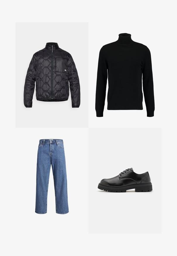 Zwarte pufferjack met een hexagonaal gequilte ontwerp, hoge kraag, ritssluiting aan de voorkant en een borst zak met rits.; Zwarte coltrui gemaakt van een zacht breimateriaal. Heeft lange mouwen, een geribbelde kraag en zoom. Eenvoudig, strak ontwerp zonder patronen.; Lichtblauwe denimjeans met een recht model, hoge taille en minimale stiksels. De stof heeft een zachte, licht vervaagde textuur.; Zwarte leren schoenen met een ronde neus, vetersluiting en een dikke, gestructureerde rubberen zool. Kenmerken zijn stiksels langs de rand en een gladde afwerking.
