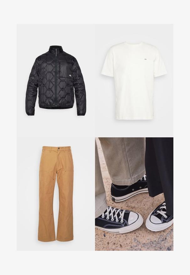 Black puffer jacket featuring a hexagonal quilted design, high collar, front zip closure, and a chest pocket with zip.; White cotton t-shirt with crew neckline, short sleeves, and a small black "W.W." logo on the left chest. Smooth texture, regular fit.; Tan cargo pants made from durable fabric, featuring side pockets, metal hardware accents, a straight-leg cut, and a regular waistband.; Black canvas sneakers with white rubber toe caps and laces. Contrast stitching and metal eyelets add detail. Worn with beige pants and black fabric.