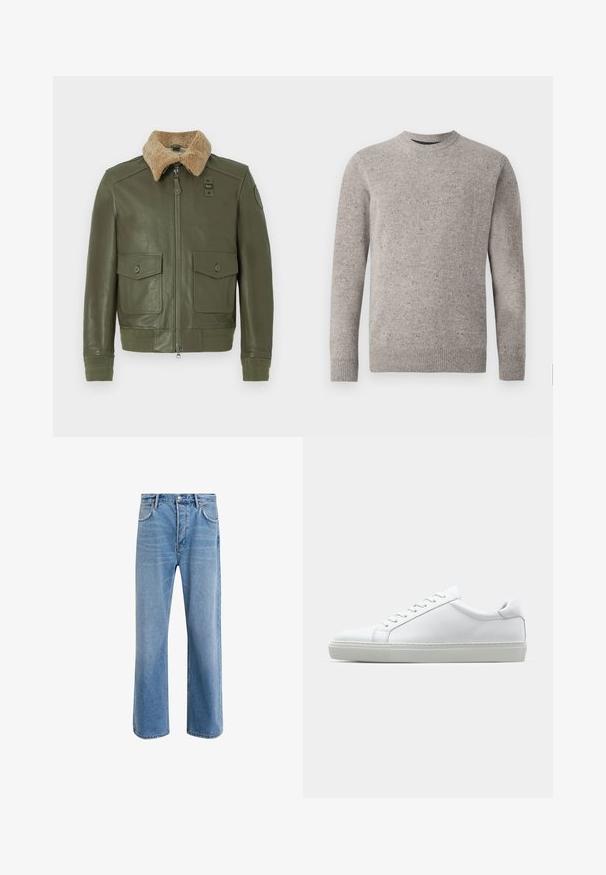Olive green leather jacket with beige shearling collar, front zipper, two buttoned flap pockets, and knitted cuffs and waistband.; Light gray knitted sweater with a crew neckline, long sleeves, and ribbed cuffs and hem. Textured pattern with flecks of color.; Light blue denim jeans with a straight-leg design, five pockets, button closure, minimal fading, and contrasting stitching details.; White sneaker with a smooth leather upper and a low profile. Features a rounded toe, six eyelets, and a textured rubber sole.