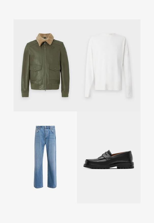 Olivroheline nahktagatse, millel on beež lõpetas krae, esine tõmblukk, kaks nuppu flappi taskut ning kootud mansetid ja vöökoht.; Pikad varrukad, valge puuvillane särk ümmarguse kaelusega, külgedel lõhikud all ja sile tekstuur, nähtav tagant.; Heledad sinine teksapüksid otse lõikega, viie taskuga, nupuga sulgemine, minimaalne kulumine ja kontrastsed õmbluse detailid.; Mustad mustad nahast kingad on varustatud tõstetud õmblusega, kahe dekoratiivse rihmaga peal, ja paksu tekstuuriga tallaga paremaks haardeks.