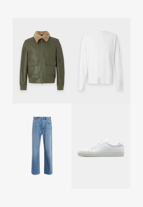 Olive green leather jacket with beige shearling collar, front zipper, two buttoned flap pockets, and knitted cuffs and waistband.; Long-sleeved white cotton shirt with a round neckline, side slits at the bottom, and a smooth texture, displayed from the back.; Light blue denim jeans with a straight-leg design, five pockets, button closure, minimal fading, and contrasting stitching details.; White sneaker with a smooth leather upper and a low profile. Features a rounded toe, six eyelets, and a textured rubber sole.