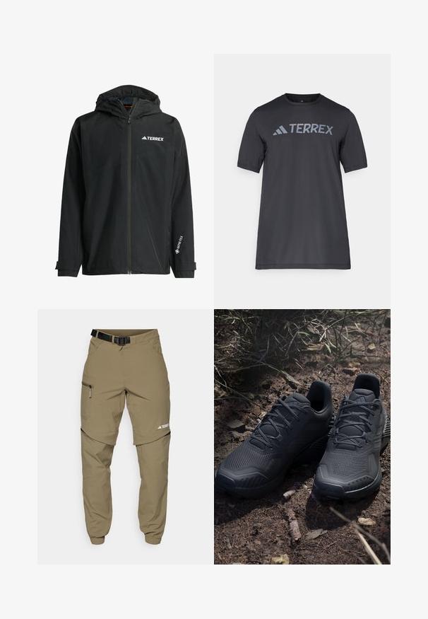 Fekete vízálló dzseki kapucnival, elülső cipzárral és állítható mandzsettákkal. Logó díszítések és GORE-TEX címke található az ujján.; Fekete, rövid ujjú póló, könnyű anyagból készült, világosszürke „TERREX” logóval a mellrészen és kerek nyakkivágással.; Khaki színű kültéri nadrág állítható fekete övvel, cipzáras zsebekkel, szűkített szárakkal és levehető alsó lábrésszel a sokoldalú stílus érdekében.; Fekete sportcipők texturált kötött felsőrésszel, megerősített orral és párnázott talppal, földes talajon láthatók, szanaszét heverő ágacskákkal.