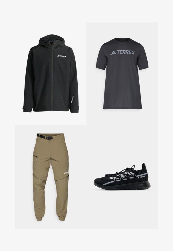 Black waterproof jacket with a hood, front zipper, and adjustable cuffs. Features logo accents and a GORE-TEX label on the sleeve.; Black short-sleeve t-shirt made of lightweight fabric, featuring a light gray “TERREX” logo across the chest and a crew neckline.; Beige outdoor pants with a belt, zippered side pockets, and elastic cuffs. Features a zip-off design for versatility and a smooth texture.; Black athletic shoe with a mesh upper, reflective accents, elastic laces, and a textured rubber sole. Features a sleek design for performance.