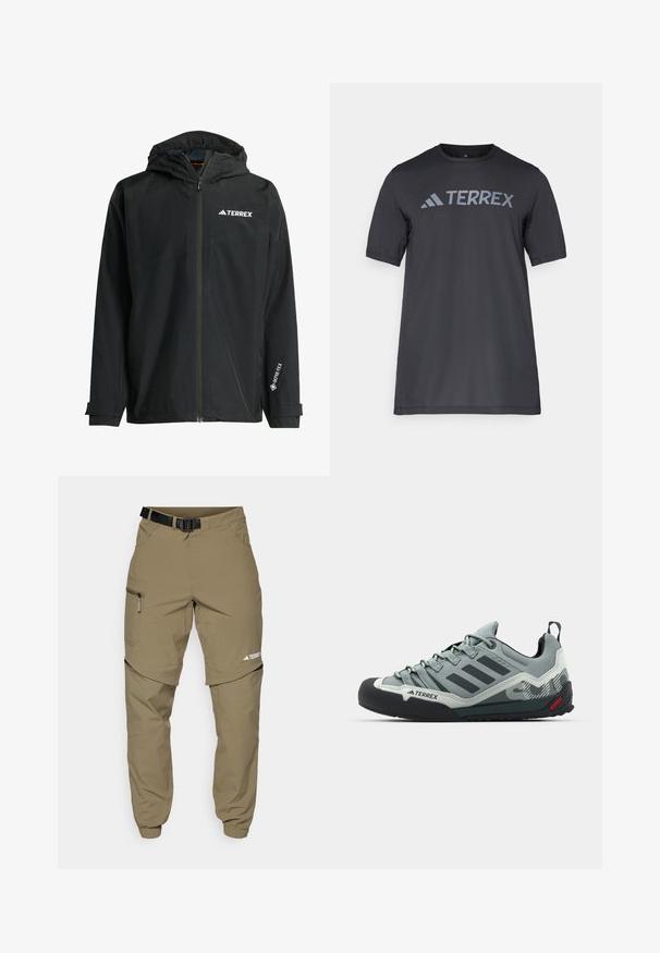 Juodas vandeniui atsparus paltas su kapišonu, priekiniais užtrauktukais ir reguliuojamais rankogaliais. Yra logotipų akcentai ir GORE-TEX etiketė ant rankovės.; Juodas trumpų rankovių marškinėliai iš lengvo audinio, su šviesiai pilku „TERREX“ logotipu krūtinėje ir apvaliu iškirpimu.; Kaki lauko kelnės su reguliuojamu juodu diržu, užtrauktukais užsegamomis kišenėmis, siaurėjančiais klešniais ir nuimamomis apatinėmis dalimis, skirtomis įvairiems stiliams.; Pilkos lipimo bateliai su tekstūruotu viršumi, juodu guminiu pirštu, trimis tamsiomis juostelėmis ir mažu raudonu akcentu ant padų.