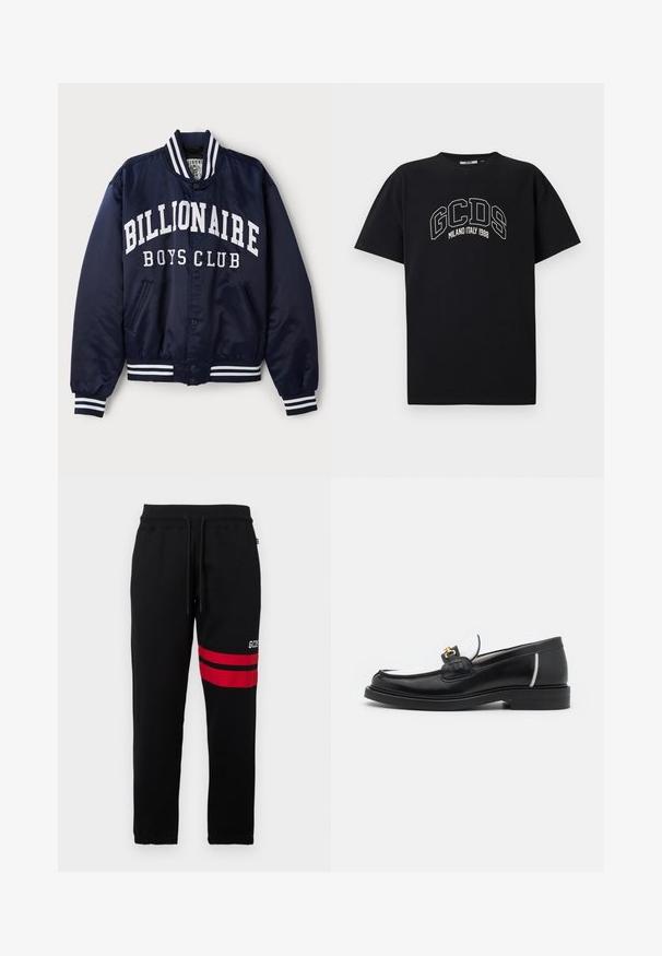 Mornarska bomberska jakna z belim napisom "BILLIONAIRE BOYS CLUB", črtastimi rebrastimi manšetami, sponkami in stranskimi žepi. Satenska površina.; Črn bombažni majica s kratkimi rokavi. Vsebuje belo GCDS logotip in napis "MILANO ITALY 1988" v loku. Standardno prileganje in krožni ovratnik.; Črne trenirke s kontrastnimi rdečimi črtami in logotipom na strani. Imajo elastičen pas z vrvico in zožene manšete pri gležnjih.; Črne usnjene loafer čevlje z zaobljenim prstom, belimi detajli in zlatim okovjem na vampu. Imajo teksturiran del in zložen peto.