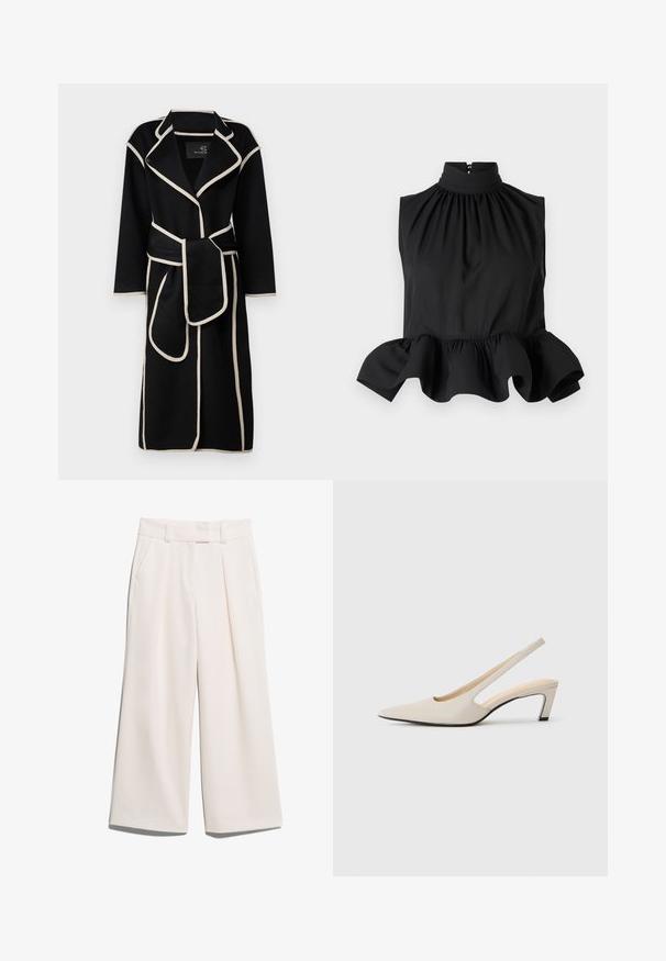 Čierny kabát s klopovým golierom a dlhými rukávmi, so smotanovým lemovaním po okrajoch a zodpovedajúcim opaskom viazaným v páse.; Čierny top bez rukávov s vysokým výstrihom, tkaninou so zhromaždením a rozšíreným volánom na spodnom okraji. Hladká textúra s skrytým zipsom na chrbte.; Široké nohavice v svetlej krémovej farbe, vyrobené z hladkej textílie s dvoma prednými vreckami a viditeľným švom na páse.; Bežové kožené topánky s otvorenou pätou a špicatou špicou, s výrezovým dizajnom, blokovým podpätkom s výškou 5 cm a hladkou textúrou. Čierne akcenty na podrážke.