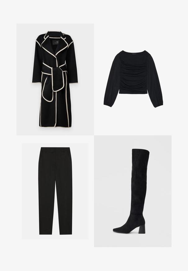 Cappotto nero con colletto a revers e maniche lunghe, caratterizzato da piping crema lungo i bordi e una cintura coordinata legata in vita.; Top nero a maniche lunghe con dettaglio di tessuto arricciato sul davanti e ai polsi, realizzato in materiale morbido ed elasticizzato con scollatura a barca.; Pantaloni neri dal design sartoriale, con tasche laterali e gamba dritta. Realizzati in tessuto liscio e leggero con una finitura elegante.; Stivale in suede nero alto fino al ginocchio con tacco a blocco, punta affusolata e design liscio e senza cuciture su uno sfondo chiaro e semplice.