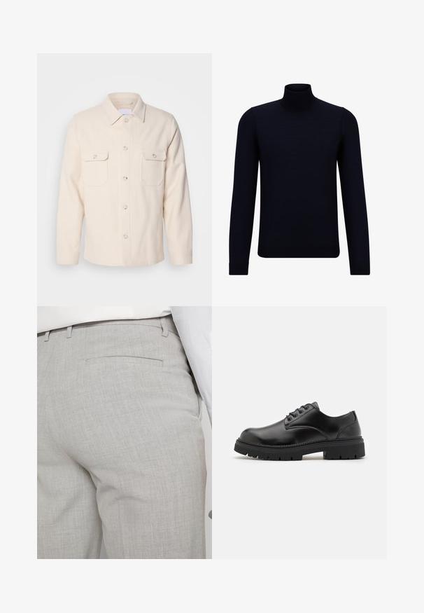 Lysebeige button-up skjorte fremstillet af struktureret stof; har to brystlommer, en spids krave og lange ærmer med knapsluttede manchetter.; Mørkeblå turtleneck sweater lavet af fint strikstof, med lange ærmer og en tætsiddende, høj halsudskæring. Ingen synlige mønstre eller detaljer.; Lysegrå skræddersyede bukser lavet af tekstureret stof, med en enkelt baglomme og ren syning.; Sorte lædersko med rund tå, snørelukning og en tykk, struktureret gummisål. Har syninger langs kanten og en glat overflade.