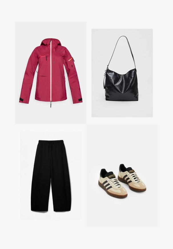 Wodoodporna czerwona kurtka z kapturem, wyposażona w różowy zamek błyskawiczny, zamykane na zamek kieszenie na klatce piersiowej i rękawach, mankiety na rzepy oraz detal z logo na rękawie.; Jasno beżowy krótki sweter, wykonany z miękkiej dzianiny, z szerokim dekoltem, opadającymi ramionami oraz prążkowanymi mankietami i dołem.; Czarne spodnie typu wide-leg z elastycznym paskiem w talii i sznureczkiem. Miękka tkanina o gładkiej teksturze. Prosty krój z bocznymi szwami.; Beżowe zamszowe buty sportowe z czarnymi skórzanymi akcentami, białymi sznurowadłami i brązową gumową podeszwą. Trzy czarne pasy po każdej stronie.; Czarna skórzana torba na ramię o miękkim, teksturowanym wykończeniu. Posiada zaokrąglony kształt i pojedynczy regulowany pasek. Brak dodatkowego sprzętu.