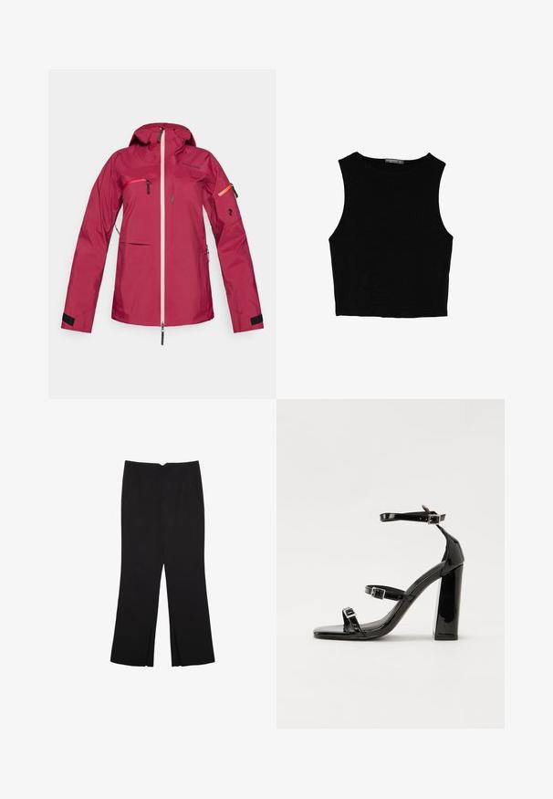 Waterdichte rode jas met capuchon, voorzien van een roze rits, met ritssluiting afsluitbare borst- en armzakken, klittenband manchet en logodetail op de mouw.; Zwarte mouwloze crop top van soepel materiaal, met een ronde hals en een schone, eenvoudige uitstraling zonder patronen of hardware.; Zwarte broek met een rechte pasvorm, voorzien van zijzakken en plooien aan de onderzijde. Gemaakt van zachte, gladde stof. Geschikt voor verschillende gelegenheden.; Zwarte gepatenteerde sandalen met hak en een vierkante neus, enkelbandjes en zilveren gespen. Heeft een stevige blokhak voor stabiliteit.