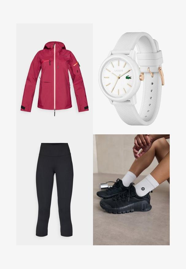Jachetă roșie impermeabilă cu glugă, prevăzută cu fermoar roz, buzunare cu fermoar la piept și pe brațe, manșete cu velcro și detaliu cu logo pe mânecă.; Top sportiv black, cu croială scurtă, cu fermoar în față, accente din plasă și un design ajustat. Fabricat dintr-un material elastic și respirabil. Logo-ul Nike pe față.; Leggings negre scurte, fabricate dintr-un material elastic, având o talie înaltă și o textură netedă, fără modele sau accesorii vizibile.; Pantofi sport negri din material texturat, cu un design cu sireturi și o talpă proeminentă, asortați cu șosete albe cu model cu nervuri, având un mic logo.; Ceas alb din silicon cu o curea texturată, având un cadran rotund, indicatoare aurii și un logo Lacoste verde.