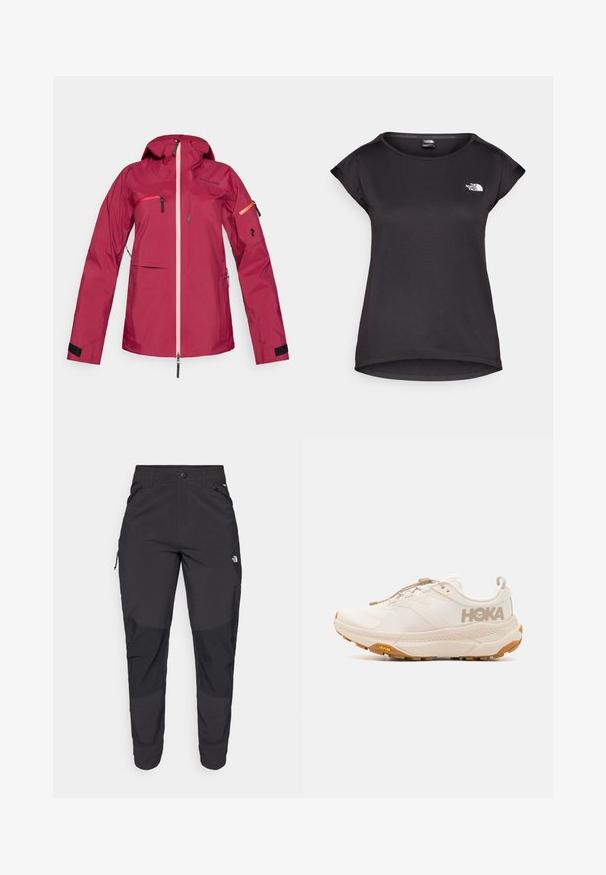 Giacca rossa impermeabile con cappuccio, dotata di cerniera rosa, tasche con zip sul petto e sulle braccia, polsini in velcro e dettaglio logo sulla manica.; The North Face TANKEN TANK - T-Shirt sport - black; Pantaloni neri da esterno realizzati in tessuto durevole. Presentano tasche con zip, pannelli rinforzati sulle ginocchia e un design a taglio dritto per la massima mobilità.; HOKA TRANSPORT - Scarpa da hiking - eggnog
