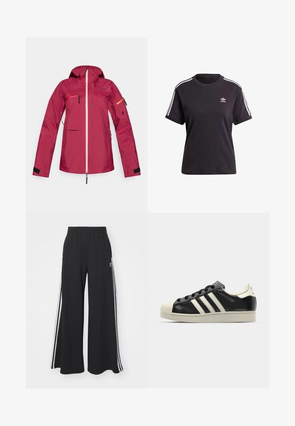 Voděodolná červená bunda s kapucí, vybavená růžovým zipem, zipovanými kapsami na hrudi a pažích, suchými zipy na manžetách a logem na rukávu.; Černé bavlněné tričko s krátkým rukávem a kulatým výstřihem, na ramenou s bílými pruhy a malým bílým logem Adidas na hrudi.; Černé pohodlné tepláky širokého střihu s elastickým pasem, na boční straně s bílými pruhy a vyšitým logem na levé stehně.; Černé kožené sneakers s bílými pruhy, gumovou špičkou, černými tkaničkami a krémovou podešví. Hladký povrch s lesklým finišem.