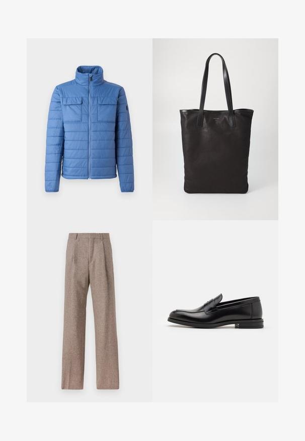 Sinine puffer-jakk, millel on seisav krae, horisontaalne tikand, kaks rinna taskut ja lukuga sulgemine. Sile tekstuur, kerge materjal.; Valge nööpidega särk kraega, millel on peened vertikaalsed triibud, pikad varrukad, rinnatasku ja klassikaline ümar serv.; Prunnid, kõrge vöökohaga püksid, mis on valmistatud tekstureeritud kangast. Omavad laiu jalgu ja kahte eesmist voldikut struktuuri jaoks. Korralik viimistlus, ilma nähtava riistvarata.; Mustad mustad nahast loafers sileda tekstuuriga, ümarat ninaosa ja dekoratiivne riba vampi üle. Madal kihiline konts, minimalistlik disain.; Mustmust kott mustade nahkade käepidemetega. Lihtne disain, avar keha ja sile tekstuur. Pole nähtavaid logosid ega mustreid.