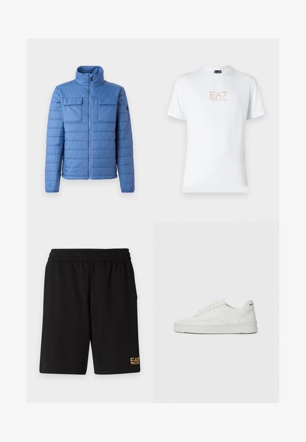 Niebieska puchowa kurtka z stricte stójką, poziomym pikowaniem, dwoma kieszeniami na piersi oraz zapięciem na zamek. Gładka tekstura, lekki materiał.; Biała bawełniana koszulka z okrągłym dekoltem i krótkimi rękawami, z nadrukowanym z przodu złotym logo EA7 Emporio Armani.; Czarne sportowe szorty wykonane z miękkiego materiału, z elastycznym paskiem w talii oraz małym, żółtym logo EA7 na dolnej lewej nodze.; Białe skórzane sneakersy o gładkim wykończeniu, okrągłym nosku, płaskich sznurówkach i teksturowanej podeszwie. Charakteryzują się delikatnym logo na pięcie.