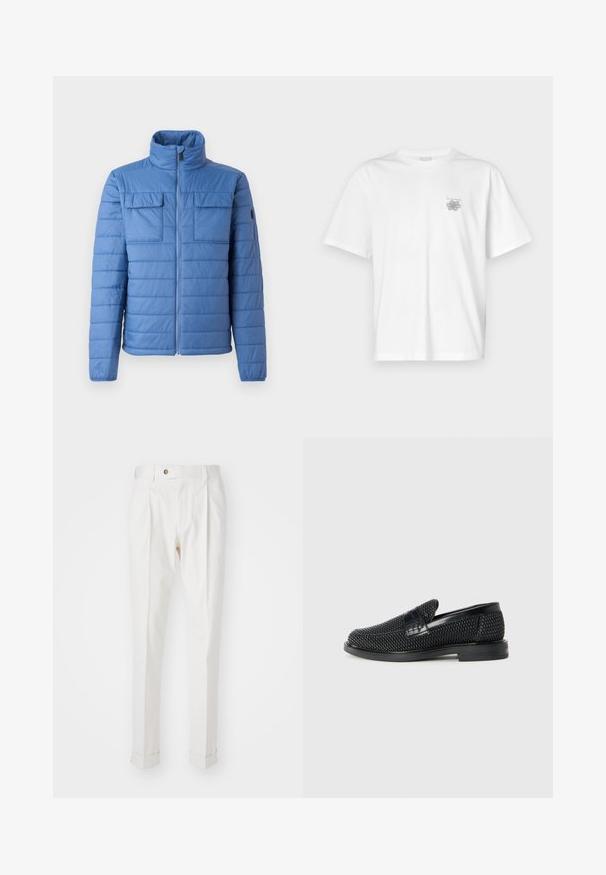 Blå pufferjakke med ståkrave, vandret quiltet design, to brystlommer og lynlåslukning. Glat tekstur, letvægtsmateriale.; Hvid t-shirt lavet af bomuld med korte ærmer, rund halsudskæring og et lille gråt logo på venstre brystområde. Glat tekstur.; Hvide, skræddersyede bukser med flad front, to folder og opretterede manchetter. Fremstillet af et glat stof med en knaplukning i taljen.; Sort vævet slip-on sko med en glat læderdetalje på overdelen, en rund tådesign og en lavprofil gummisål.