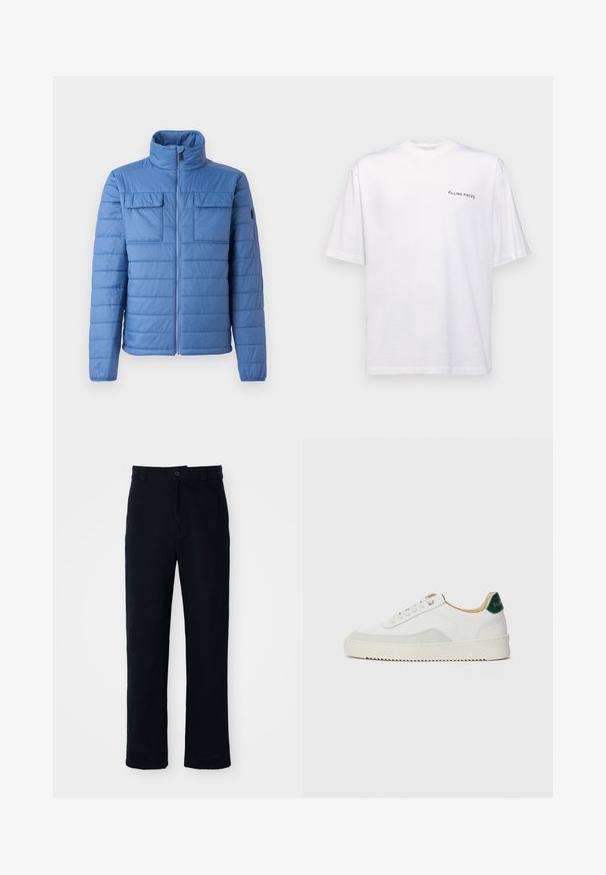 Casaco puffer azul com colarinho elevado, design acolchoado horizontal, dois bolsos no peito e fecho com zíper. Textura suave, material leve.; T-shirt branca de manga curta em algodão com decote em V, apresentando um logótipo preto "FILLING PIECES" impresso do lado esquerdo.; Calças azul marinho em algodão, com um design de perna reta, fecho frontal com botão e cinta clássica com passantes para cinto.; Tênis brancos com detalhes em camurça, bico arredondado, atacadores planos e sola de borracha creme. Apresenta uma marcação verde no calcanhar.