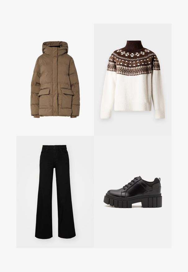 Ruskea toppatakki hupulla, jossa tikattu malli, kaksi etutaskua ja joustavat hihansuut. Valmistettu eristetyistä kankaista, sileä pinta.; Paksu kaula-aukko neuletakki kerma-valkoisena, jossa on teksturoidusta kankaasta valmistettu runko ja ruskeat geometriset kuviot rinnan ja kaula-aukon alueella. Ribatut hihansuut ja helma.; Musta leveälahkeinen farkkupanta, jossa on rakenteellinen vyötärö, vyölenkit ja etutaskut. Sujuva rakenne klassisella muotoilulla.; Mustat nahkakengät, joissa on lättihenkinen korko, pyöreä kärki ja perinteinen nauhakiinnitys. Ominaisuuksiin kuuluu sileä pintakuvio ja minimaalinen yksityiskohtaisuus.