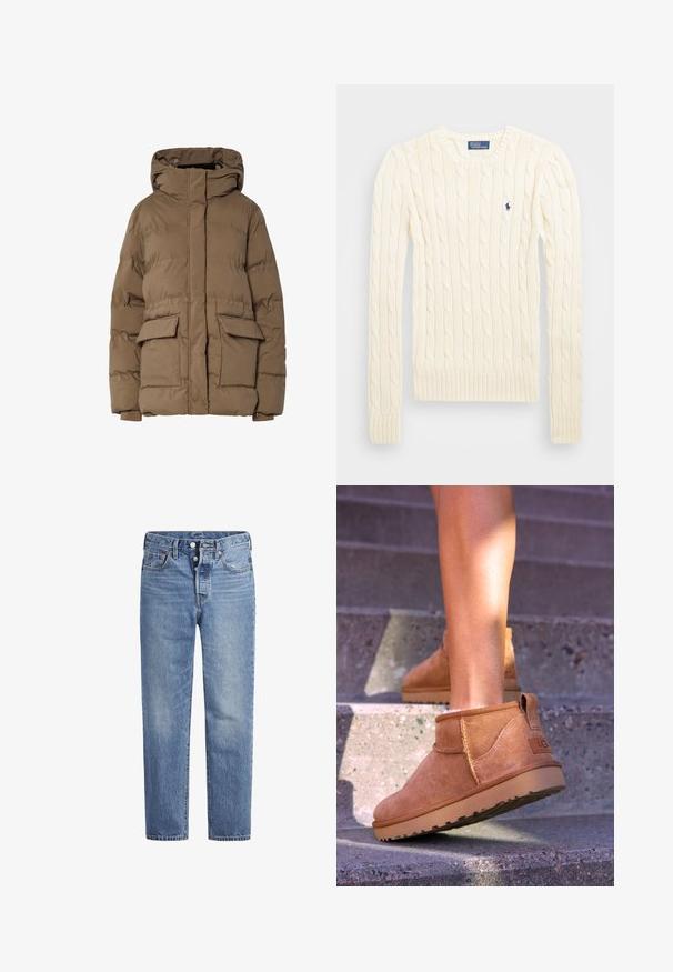 Chaqueta acolchada marrón con capucha, con un diseño acolchado, dos bolsillos delanteros y puños elásticos. Fabricada con tela aislante de textura suave.; Suéter crema de punto trenzado con manga larga, puños y dobladillo acanalados, que presenta un pequeño logo bordado en el lado izquierdo del pecho.; Jeans de mezclilla azul claros con corte recto, diseño de cinco bolsillos y cierre de botón. Presentan un ligero desvanecimiento y acentos de costura en naranja.; Botas de tobillo de ante color beige con una textura suave, detalles de costura y una suela de goma, que cuentan con un tacón en bucle para facilitar su uso.