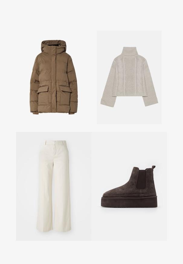 Pruun õhustatud jope kapuutsiga, tikandiga, kahe ees taskuga ja elastsete mansettidega. Valmistatud isoleeritud kangast, sileda tekstuuriga.; Lühendatud, heledast hallist kudumist valmistatud sviiter kõrge kraega ja ribidega mansettidega, millel on tekstuursed nööri mustrid seljal ja külgedel.; Laiad püksid helesbežis värvitoonis, valmistatud siledast kangast. Omavad klassikalist vööd ja siledat fronti puhaste joontega.; Pruunid suede Chelsea saapad elastsete külgpaneelidega ja paksu, tekstureeritud platvormitald. Omab kandmismugavuse jaoks kandaabi kandmisel.