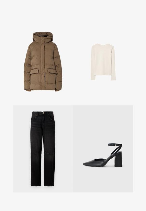 Doudoune marron avec capuche, présentant un design matelassé, deux poches avant et des poignets élastiques. Fabriquée en tissu isolant, texture lisse.; Haut beige clair à manches longues en tissu doux, avec un col rond et une coupe décontractée, un ourlet droit et un minimum de détails de couture.; Jean en denim noir avec une coupe droite, un style à cinq poches, une fermeture boutonnée et des détails légèrement décolorés au niveau des cuisses et des genoux.; Escarpin noir en cuir à bout pointu avec une bride de cheville et un talon épais. Texture lisse, design élégant et esthétique minimaliste.