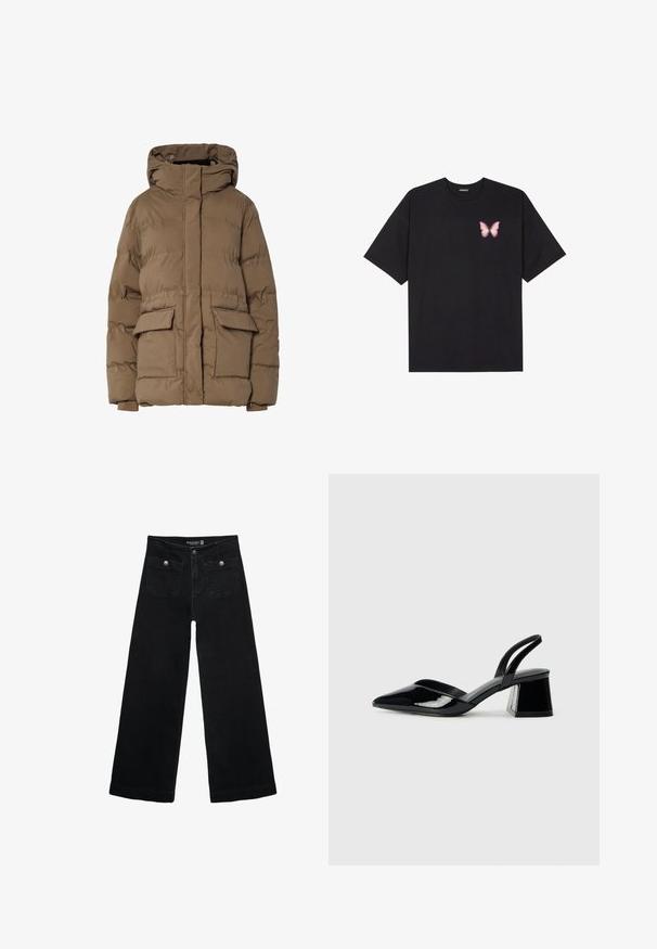 Smeđa pufer jakna s kapuljačom, s prošivenim dezenom, dva prednja džepa i elastičnim manžetnama. Izrađena je od izoliranog tkanina, glatke teksture.; Crna pamučna majica s kratkim rukavima, s malim grafičkim prikazom ružičaste vjetricaste s desne strane na prsima. Dizajn s okruglim izrezom i opuštenim krojem.; Crne široke traperice s visokim strukom, koje imaju dva prednja džepa i metalne gumbe kao ukrase. Tkanina ima glatku teksturu.; Crne lakirane kožne sandale s otvorenom petom i špicastim vrhom, s geometrijskom blok petom. Imaju elegantan, minimalistički dizajn i glatku teksturu.
