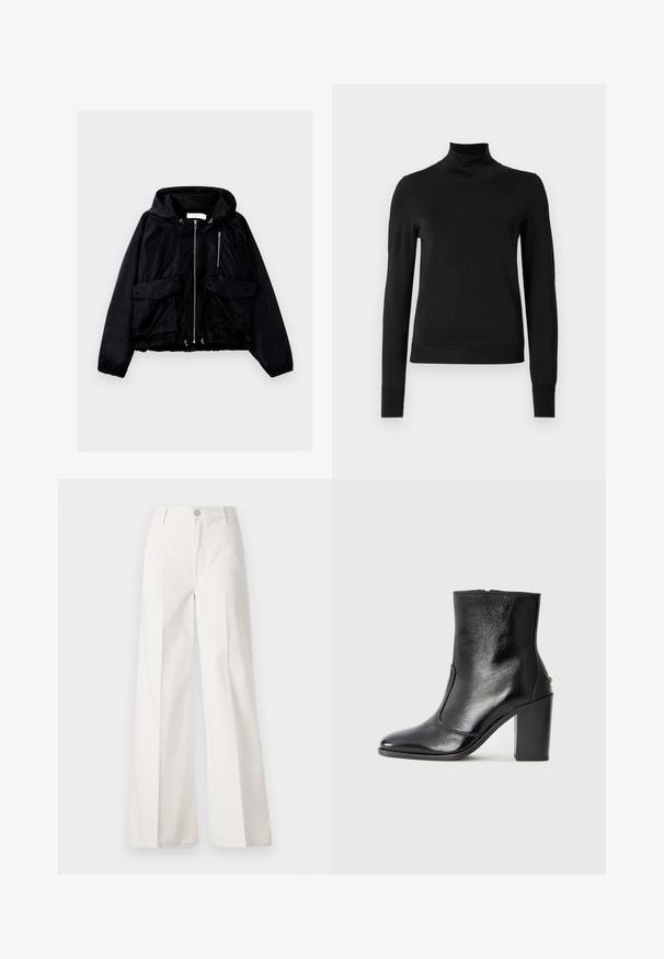 Μαύρο μπουφάν με κουκούλα, κατασκευασμένο από απαλό νάιλον. Διαθέτει μπροστινό φερμουάρ, δύο μεγάλες μπροστινές τσέπες και ελαστικές μανσέτες με κορδόνι στο στρίφωμά.; Μαύρο μακρυμάνικο πουλόβερ με ψηλή λαιμόκοψη και ριγωτές μανσέτες και τελείωμα, το οποίο είναι παρουσιασμένο σε απλή λευκή φόντο.; Λευκά παντελόνια σε φαρδιά γραμμή, κατασκευασμένα από βαμβάκι με λεία υφή. Διαθέτουν μπροστινό κουμπί, φερμουάρ και τέσσερις τσέπες.; Μαύρο δερμάτινο μποτάκι έως τον αστράγαλο με απλή υφή, μυτερή μύτη και χοντρό ψηλό τακούνι. Διαθέτει πλαϊνό άνοιγμα και μινιμαλιστικό σχέδιο.