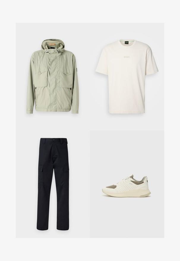 Light green lightweight jacket with a hood, two chest pockets, and side zippers. Features a smooth texture and adjustable drawstrings.; BOSS TEE - Basic T-shirt - open white; Black cargo pants made of sturdy fabric, featuring a straight-leg cut, two side pockets, and a button closure at the waistband.; White and light beige athletic sneaker, featuring a mesh upper, perforated detailing, and a textured midsole with branding on the heel.