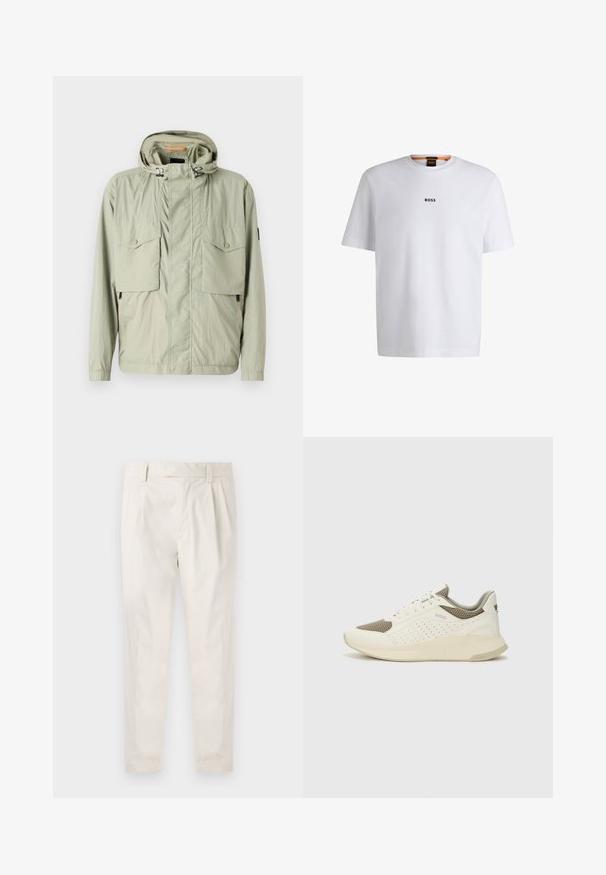 Lys grøn letvægtsjakke med hætte, to brystlommer og sidezipper. Har en glat tekstur og justerbare snore.; Hvid bomuld T-shirt med korte ærmer, med et sort "BOSS" logo centreret på brystet og en rund halsudskæring.; Hvide, plisserede bukser med en skræddersyet pasform, der har en glat overflade, bæltestropper og smalnede ben. Ingen synlige lommer eller mønstre.; Hvide og lyse beige sportssko med en mesh-overdel, perforerede detaljer og en tekstureret mellemsål med branding på hælen.