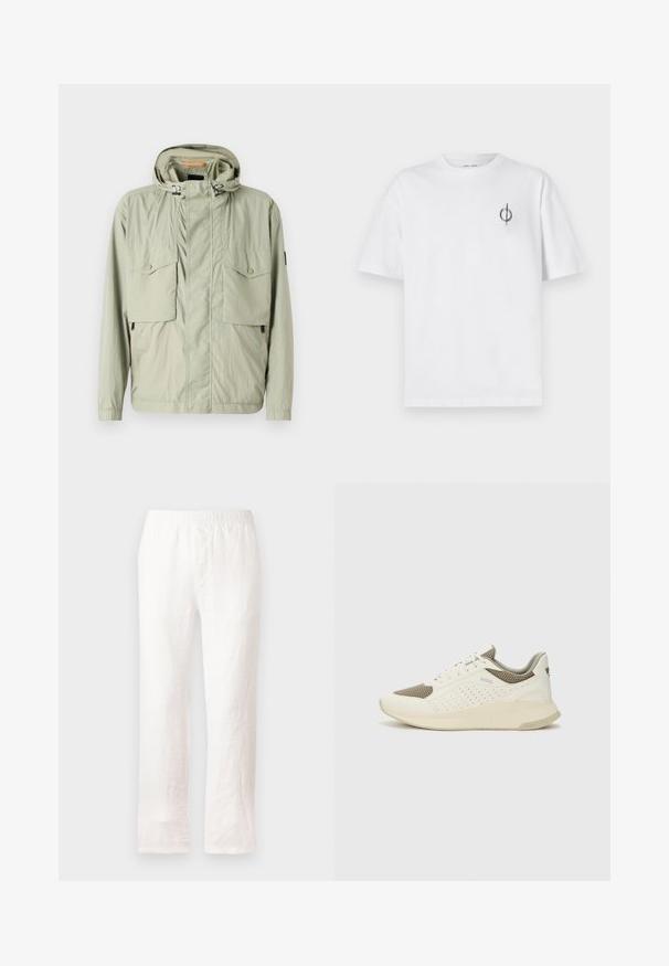 Šviesiai žalia lengva striukė su kapišonu, dviem krūtinės kišenėmis ir šoninėmis užtrauktukais. Pasižymi lygiu paviršiumi ir reguliuojamomis raišteliais.; Balta medvilninė marškinė su laisvu siluetu, su mažą juodą grafiką logotipą kairėje krūtinės pusėje. Trumpomis rankovėmis, apvaliu kaklu.; Baltos lininės kelnių su elastine juosta, tiesaus kirpimo dizainas ir šiek tiek tekstūruota medžiaga. Be raštų ar papildomų detalių.; Baltas ir šviesiai bežinis sportinis kedas, su tinklo viršumi, perforuotais detalėmis ir tekstūruotu tarpine su logotipu ant kulno.