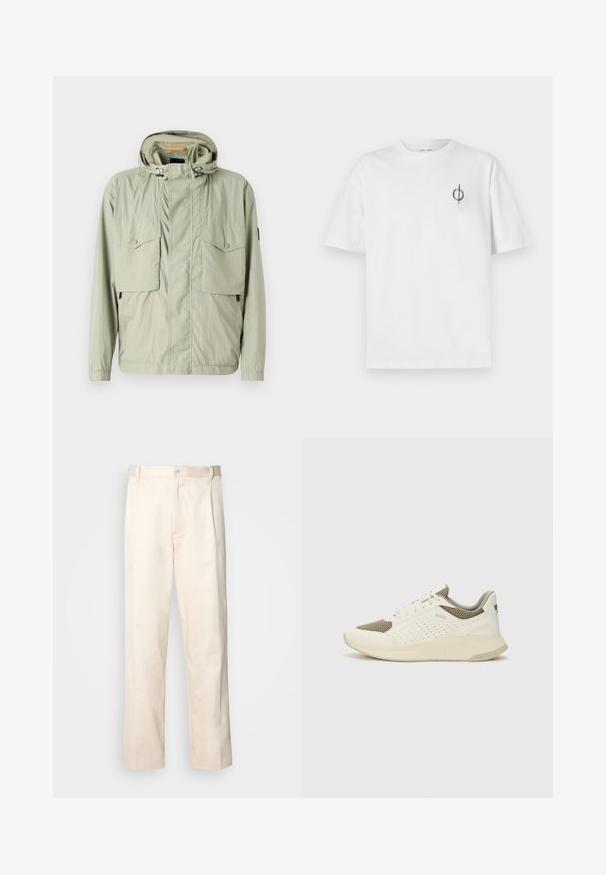 Jaqueta leve de cor verde-claro com capuz, dois bolsos no peito e zíperes laterais. Apresenta uma textura suave e cordões ajustáveis.; Camisa de algodão branca com um corte relaxado, apresentando um pequeno logótipo gráfico preto na área do peito esquerdo. Mangas curtas, estilo de gola redonda.; Calças de algodão bege com corte reto, apresentando um fecho de botão e pregas na frente para um detalhe adicional.; Sapatilha atlética branca e bege claro, com parte superior em malha, detalhes perfurados e uma entressola texturizada com marcação no calcanhar.