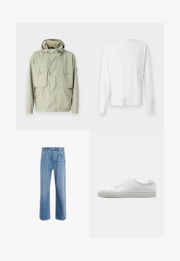 Lichtgroene lichtgewicht jas met een capuchon, twee borstzakken en zijritsen. Beschikt over een zachte textuur en verstelbare trekkoorden.; Witte katoenen blouse met lange mouwen en een ronde halslijn, met zijsplitten aan de onderkant en een gladde textuur, vanuit de achterkant weergegeven.; Lichtblauwe denim jeans met een straight-leg ontwerp, vijf zakken, knoopsluiting, minimale vervaging en contrasterende stikseldetails.; Witte sneaker met een gladlederen bovenwerk en een laag profiel. Voorzien van een ronde neus, zes vetergaatjes en een gestructureerde rubberen zool.
