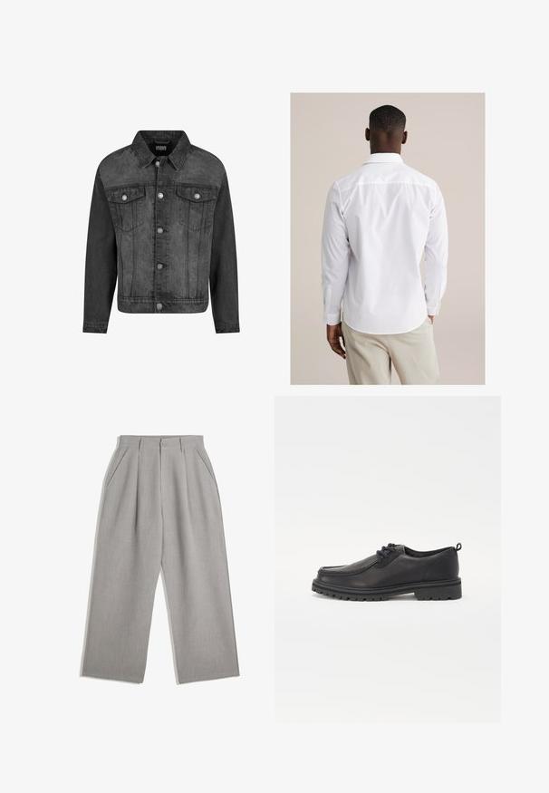 Fekete farmerdzseki elhalványodott felülettel, galléros nyakkal, hosszú ujjakkal, valamint fémből készült gombzárakkal elöl és a zsebeknél.; Fehér gombos ing, hosszú ujjú, sima anyagból készült. Klasszikus gallérral, ívelt aljjal és egygombos mandzsettákkal rendelkezik.; Világosszürke nadrág, egyenes szárú dizájnnal, két elülső plissé és oldalsó zsebek találhatók rajta, sima anyagból készült.; Fekete bőrcipők kerek orral, texturált varrással, alacsony profilú dizájnnal és gumitalppal, amely mély barázdákkal rendelkezik a tapadás érdekében.
