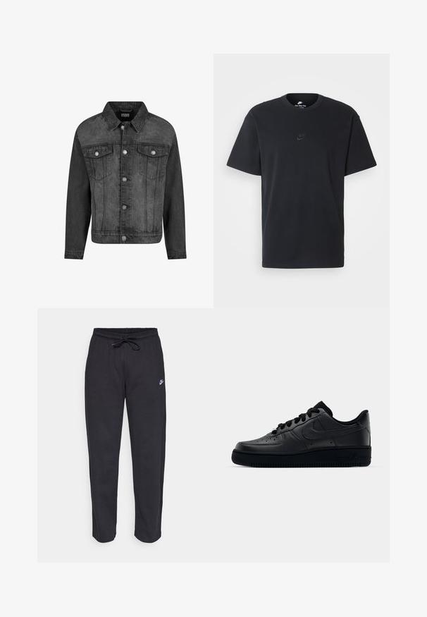 Mustat farkkutakki, jossa on haalistunut viimeistely, kauluksessa, pitkissä hihoissa ja metallinapeilla etuosassa sekä taskuissa.; Nike musta musta T-paita, jossa on klassinen pyöreä kaula-aukko, lyhyet etkä hihat sekä hillitty, kohopainettu logo rinnassa. Silkkinen rakenne.; Mustat verkkareita pehmeästä kankaasta, jossa on joustava vyötärö, nyöri ja pieni Nike-logo vasemmassa reidessä.; Musta Nike Air Force 1 -lenkkari, jossa on sileä nahkapinta, rei'itetty varvasosa hengittävyyden parantamiseksi, mustat nauhat ja teksturoitu kumipohja.