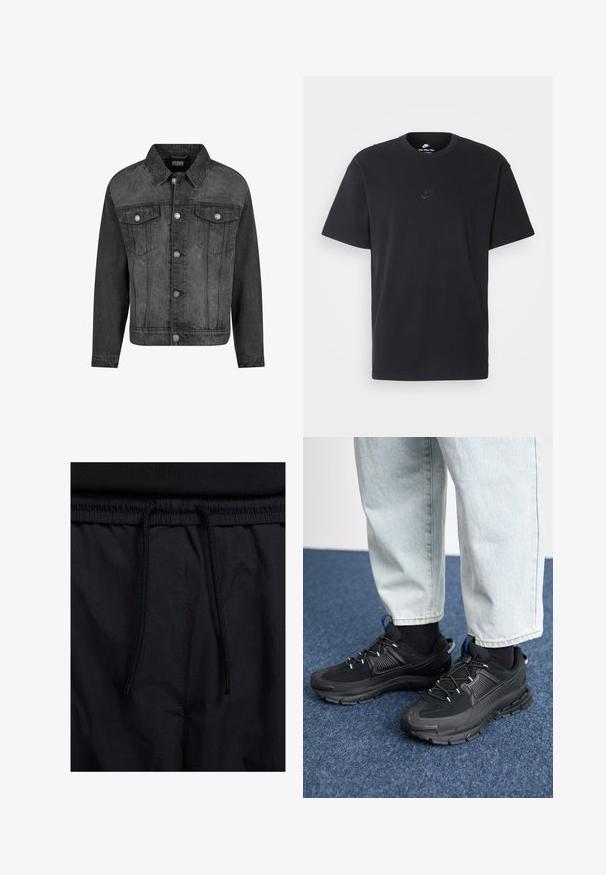 Svart denimjacka med en urtvättad finish, med krage, långa ärmar och metallknäppningar fram och vid fickorna.; Svart t-shirt i bomull från Nike med klassisk rund halsringning, korta ärmar och en diskret, präglad logotyp på bröstet. Slät textur.; Svarta shorts med dragsko i midjan, lättviktig tyg med en slät yta och en enkel design utan synliga logotyper eller mönster.; Svarta sportskor med texturerat tyg och gummisulor, med elastiska snörningar och en blå detalj på hälen. Bärs med ljusa jeans.