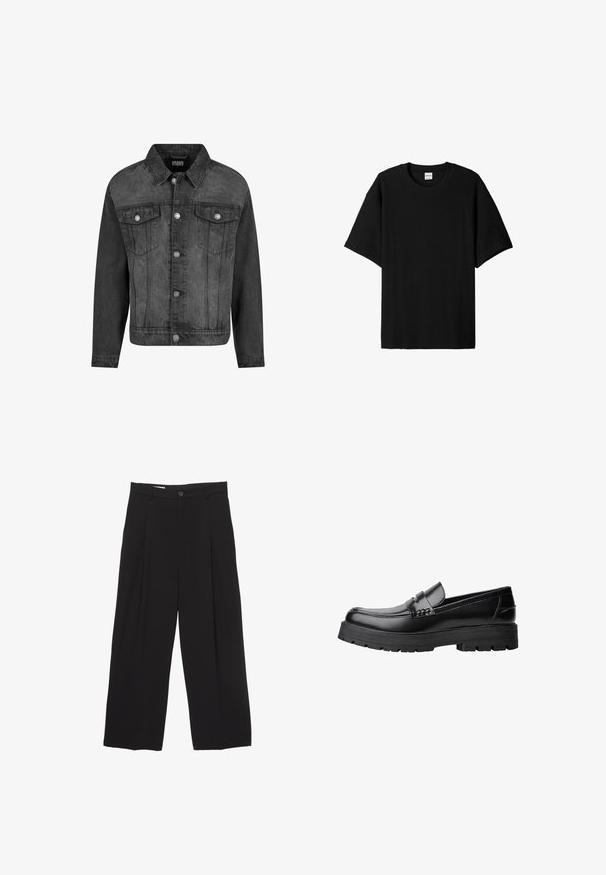 Fekete farmerdzseki elhalványodott felülettel, galléros nyakkal, hosszú ujjakkal, valamint fémből készült gombzárakkal elöl és a zsebeknél.; Fekete, bordázott, rövid ujjú póló kerek nyakkal, laza szabással és textúrázott felülettel. Egyszerű dizájn; nincsenek rajta grafikák vagy díszítések.; Fekete, bő szárú nadrág sima anyagból, lapos derékpánttal, elülső redőkkel és egy gombos záródással.; Fekete bőr loaferek vastag, bordázott talppal és díszcsíkkal az upper rész felett, bal oldali profilmódban, fehér háttér előtt.