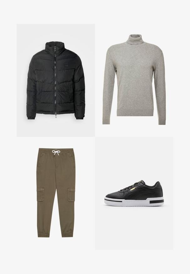 Crna puffer jakna s visokim ovratnikom, zatvaranjem na patentni zatvarač, kvačkanom teksturom i oznakom na prsima. Ima elastične manžete i bočne džepove.; Sivi pulover s visokim ovratnikom i dugim rukavima. Izrađen od glatkog, mekanog materijala s prilagodljivim dizajnom i rebrastim detaljima na rubu.; Khački cargo hlače s elastičnom strukom i vezicom, s bočnim džepovima i suženim gležnjevima. Izrađene od teksturiranog, laganog materijala.; Crne kožne tenisice s bijelim potplatom, perforiranim nosom, zlatnim logotipom, podstavljenim ovratnikom i kontrastnim crnim detaljima sa strane.