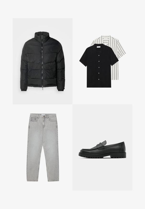Veste en duvet noire avec un col montant, fermeture éclair, texture matelassée et un patch logo sur la poitrine. Comprend des poignets élastiques et des poches latérales.; Deux chemises à manches courtes : l'une noire unie, l'autre blanche avec des rayures verticales noires. Les deux ont des boutons et un col classique.; Pantalon en denim gris clair avec une coupe droite, cinq poches et une fermeture à bouton. Coutures visibles le long des coutures.; Mocassins en cuir noir à bout arrondi, avec un design cousu, une semelle plateforme basse et une semelle en caoutchouc texturée et crantée.