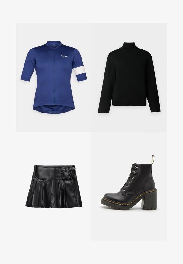 Short-sleeve cycling jersey in deep blue fabric, featuring a front zipper and white stripe on the sleeve; lightweight and form-fitting design.; Black turtleneck sweater made of soft knit fabric, featuring long sleeves and a relaxed fit. Smooth texture with no visible patterns or accents.; Black leather skirt with pleats, wide waistband, and two buckle accents on the side. Smooth texture with a glossy finish.; Black leather ankle boot featuring a chunky high heel, lace-up front, metal eyelets, and yellow stitching along the sole. Textured rubber outsole.