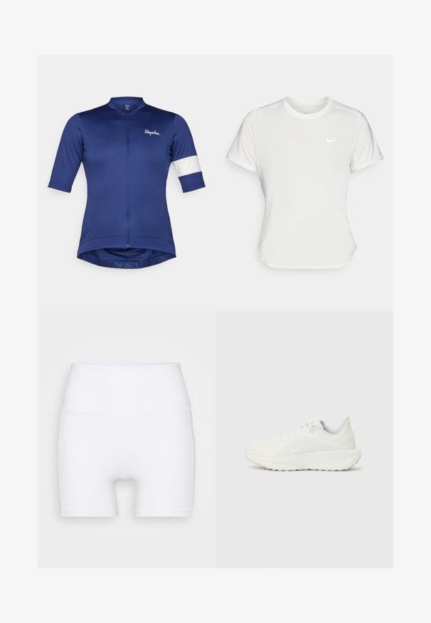 Short-sleeve cycling jersey in deep blue fabric, featuring a front zipper and white stripe on the sleeve; lightweight and form-fitting design.; Nike T-shirt in white, short sleeves, round neckline, made from a smooth, lightweight fabric. Features a subtle logo on the chest.; White high-waisted shorts made from stretch fabric. Features a smooth texture and fitted design, with no additional patterns or hardware.; White athletic shoes with a textured upper, padded collar, and lace closure. Features a curved outsole and subtle branding on the side.