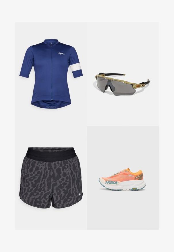 Maillot de cyclisme à manches courtes en tissu bleu foncé, doté d'une fermeture éclair à l'avant et d'une rayure blanche sur la manche ; conception légère et ajustée.; Deux tops courts sans manches : un beige doux avec une surface texturée et un blanc lisse. Tous deux ont un col rond et des ourlets cousus.; Shorts à imprimé léopard noir et gris avec une large ceinture élastique, présentant un léger brillant et un petit logo blanc de Nike en bas à droite.; Baskets de course orange et rose avec tige en maille, semelle intermédiaire blanche, semelle extérieure Vibram et accents bleu clair. Présente le logo HOKA sur le côté.; Lunettes de soleil de sport avec une monture à motifs verts, des branches noires et des verres gris. Le design présente un style enveloppant avec une forme audacieuse et sportive.