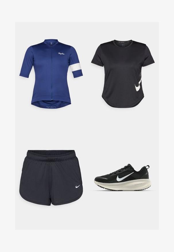 Trumpai rankovėmis dviratininko maikutė tamsiai mėlynos spalvos audinyje, su priekiniais užtrauktukais ir balta juostele ant rankovės; lengvas ir kūną apglėbiantis dizainas.; Juodas sportinis marškinėliai su trumpomis rankovėmis, ant apatinės dalies turintys baltą Nike swoosh logotipą ir apvalų galą.; Juodos sportinės šortai, pagaminti iš lengvos, kvėpuojančios medžiagos. Turi elastingą juosmenį ir baltą Nike logotipą apatinėje dešinėje pusėje.; Juodas Nike sportinis batelis su kvėpuojančiu tinklu, baltu swoosh logotipu, tekstūruoto dizaino detalėmis ir grietinėlės spalvos ZoomX viduriu.