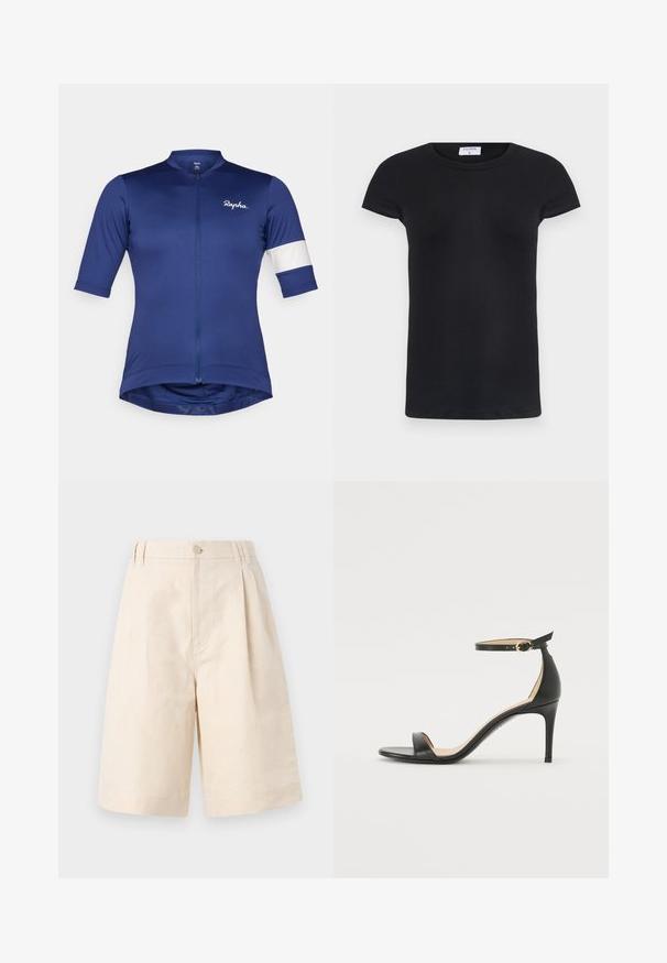 Maillot de cyclisme à manches courtes en tissu bleu foncé, doté d'une fermeture éclair à l'avant et d'une rayure blanche sur la manche ; conception légère et ajustée.; T-shirt noir à côtes avec un col rond et des manches courtes. Tissu doux avec une coupe ajustée, présentant une étiquette au niveau du cou.; Shorts en lin beige avec une coupe décontractée, présentant une fermeture à bouton, un design plissé et une longueur à mi-genou. Texture lisse et style simple.; Sandale à talons hauts en cuir noir avec une lanière de cheville. Présente une texture lisse, un bout ouvert et un talon fin. Détail de boucle en ton doré.