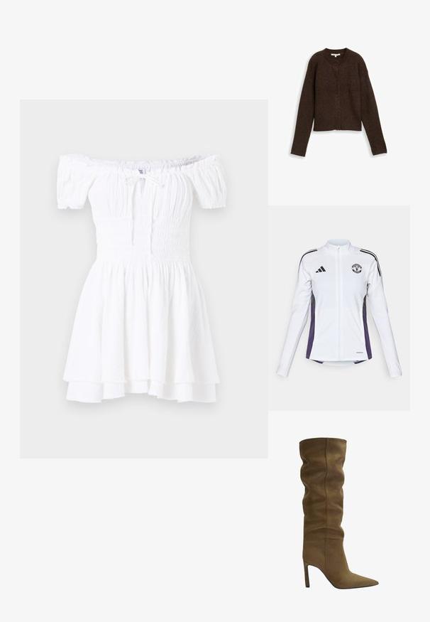 Witte zip-up jas met lange mouwen, zwarte en paarse accenten aan de zijkanten, voorzien van een logo op de borst en drie zwarte strepen op de schouders.; Bruine geribde cardigan met een ronde halslijn, lange mouwen en vijf knopen aan de voorkant. Zachte textuur en verkorte stijl.; Witte off-the-shoulder jurk met gerimpeld lijfje, korte pofmouwen en gelaagde ruches aan de zoom. Gemaakt van lichtgewicht, gestructureerde stof.; Olijfgroene suède kniehoog laars met een puntige neus, een slouchy bovenkant ontwerp en een stiletto hak, met zichtbare stikdetails.