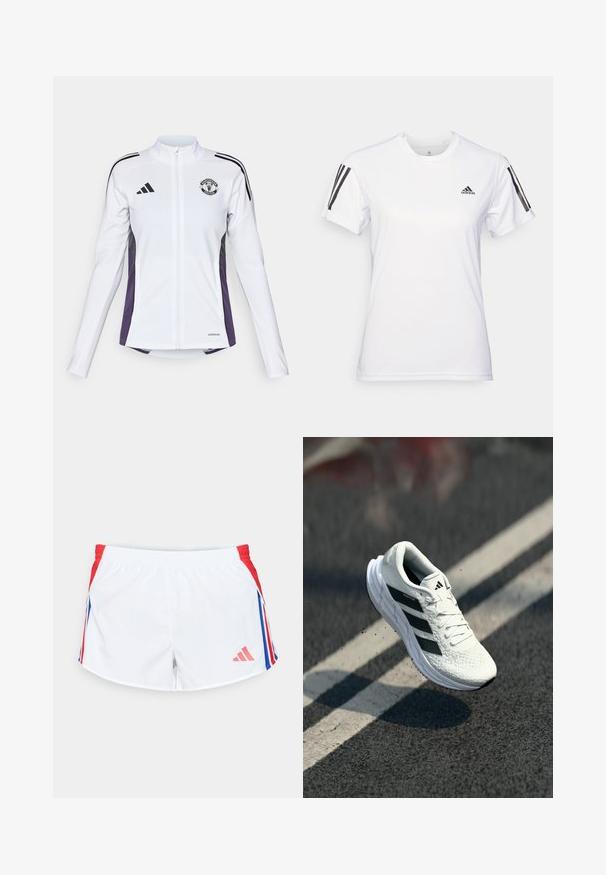 Weißer Reißverschlussjacke mit langen Ärmeln, schwarzen und lila Akzenten an den Seiten, mit einem Logo auf der Brust und drei schwarzen Streifen auf den Schultern.; Weißes Sport-T-Shirt aus glattem, leichtem Stoff. Mit schwarzen Drei-Streifen-Akzenten auf den Schultern und einem kleinen schwarzen Logo auf der Brust.; Weiße Sportshorts mit roten Seitenpaneelen und blauen Streifen. Elastischer Bund und Logo auf der unteren linken Seite. Glatte Stoffoberfläche.; Weißer Sportschuh mit strukturiertem Obermaterial, schwarzem Drei-Streifen-Design, gepolstertem Kragen und leichter Sohle, in der Luft über einer Straßenoberfläche positioniert.