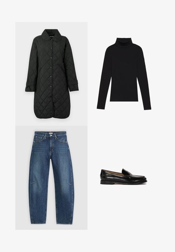 Geacă neagră matlasată cu guler, închidere cu nasturi prin presare și talie cu brâu; prezintă un model în romb și detalii la manșete.; Cămășuță neagră cu guler înalt, dintr-un material cu dungi, cu un design aderent, fără modele sau accente.; Jeans din denim albastru închis, cu design drept, având buzunare frontale, cusături în contrast și o textură ușor decolorată pe picioare.; Loafer din piele neagră, cu vârf rotunjit, design slip-on și detalii subtile de cusătură pe partea superioară. Talpă din cauciuc plat.