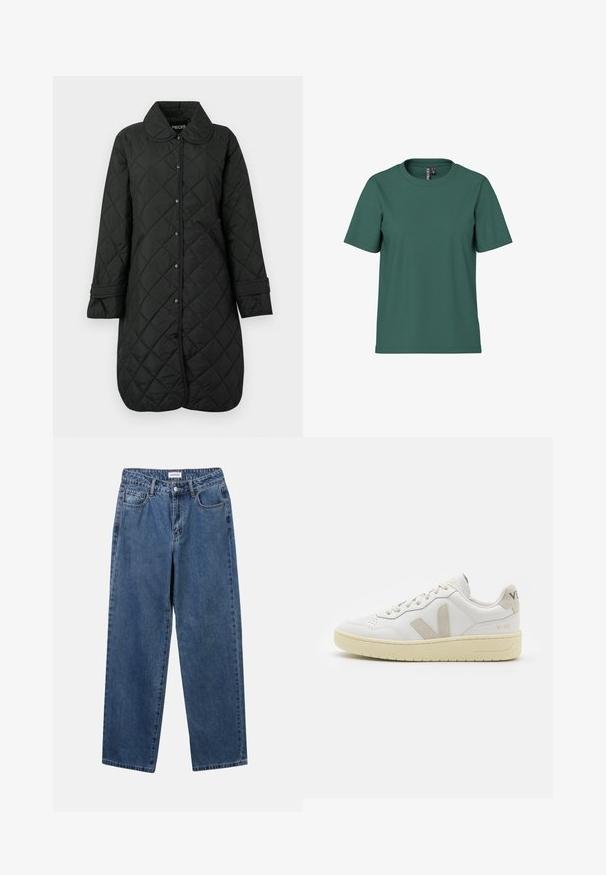 Cappotto trapuntato nero con colletto, chiusura a bottone a pressione e vita con cintura; presenta un motivo a diamante e dettagli ai polsini.; T-shirt a maniche corte in cotone verde scuro con colletto girocollo. Design semplice e privo di decorazioni, con una vestibilità comoda. Texture morbida, senza motivi.; Jeans in denim blu classico con design a gamba dritta, cinque tasche e chiusura con bottone. Presentano un lavaggio medio e una trama robusta.; Sneaker in pelle bianca con dettagli in suede beige, punta perforata, lacci piatti e suola testurizzata color crema. Presenta un logo discreto sul tallone.